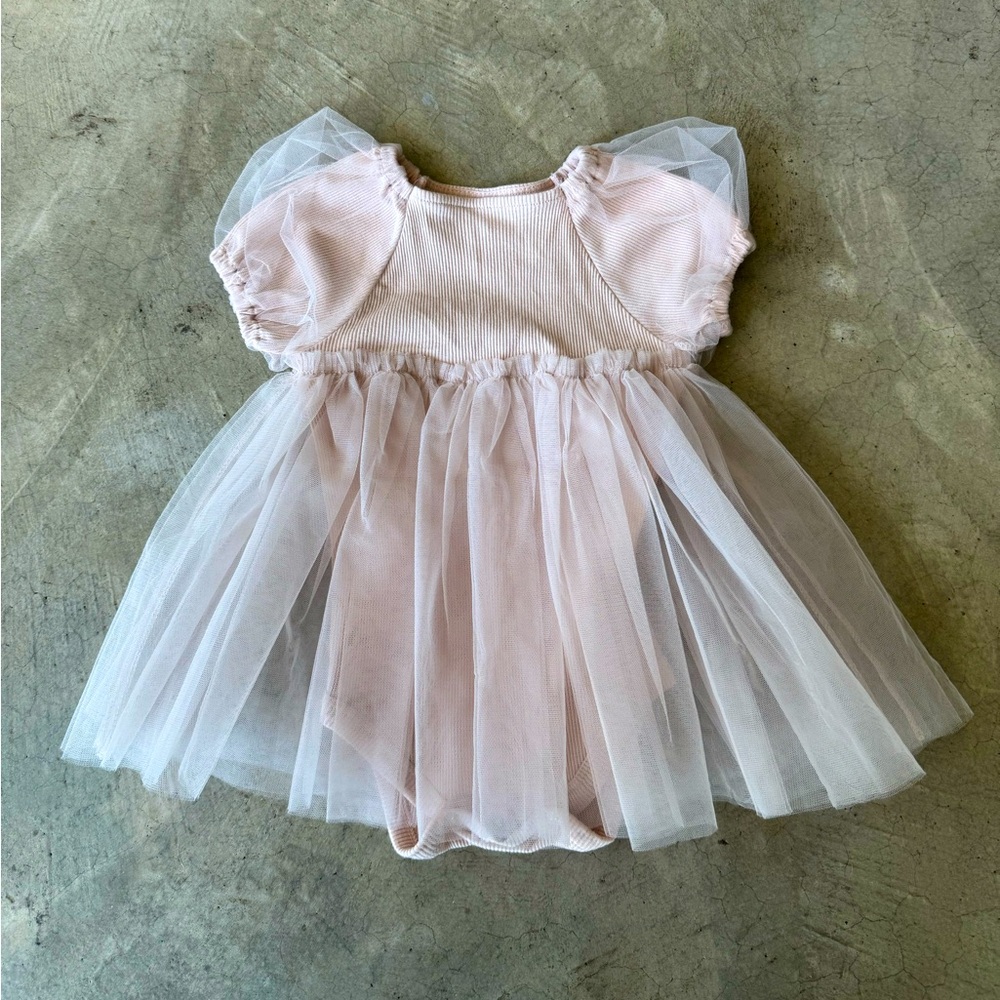 Princess Dress - Short Sleeve Ribbed Onesie with Tulle Skirt - Baby Blush Pink